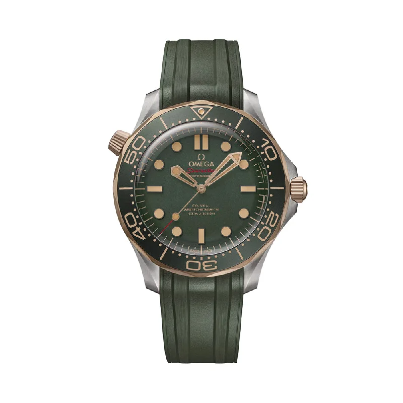 men's chronograph field watches -Seamaster Diver 300M Titanium and Bronze Gold 42mm - Green on Rubber Strap