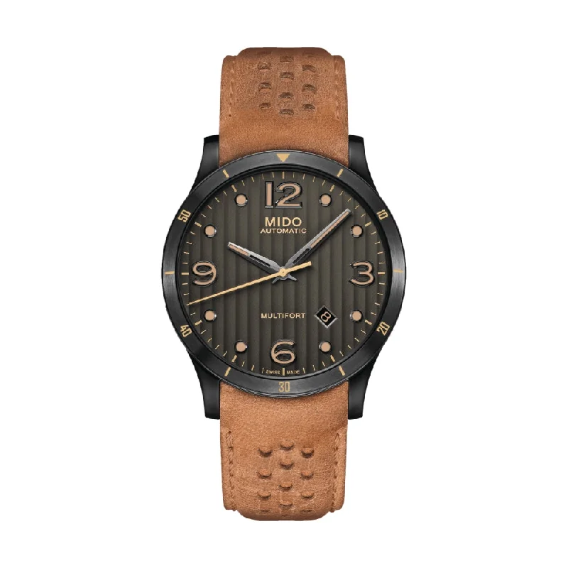 men's digital watches with dual time zone style design -Multifort Adventure Gunmetal Tan Leather Strap