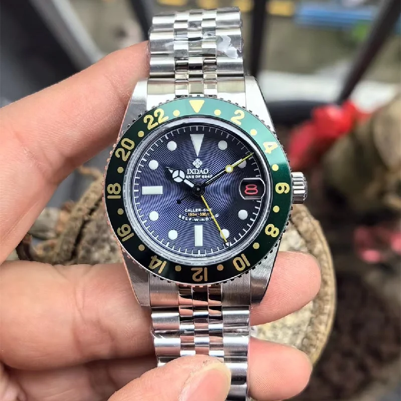 blue dial/green aluminum bezel
