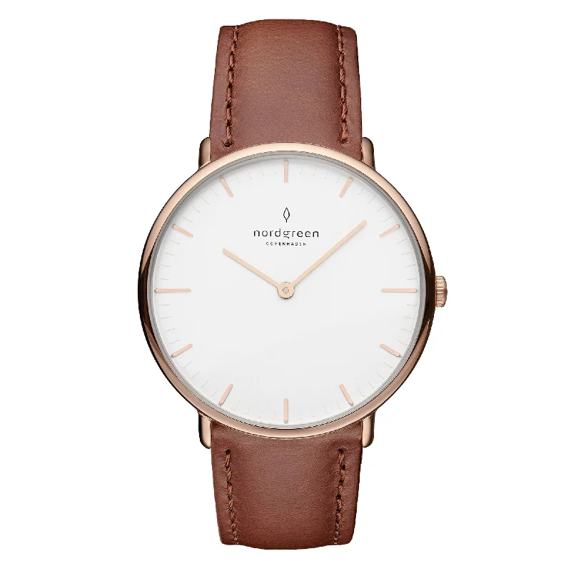 Unisex Spring Style Watches-Nordgreen Native Brown Leather 32mm Rose Gold Case Watch Unisex Spring Style Watches-Nordgreen Native Brown Leather 32mm Rose Gold Case Watch