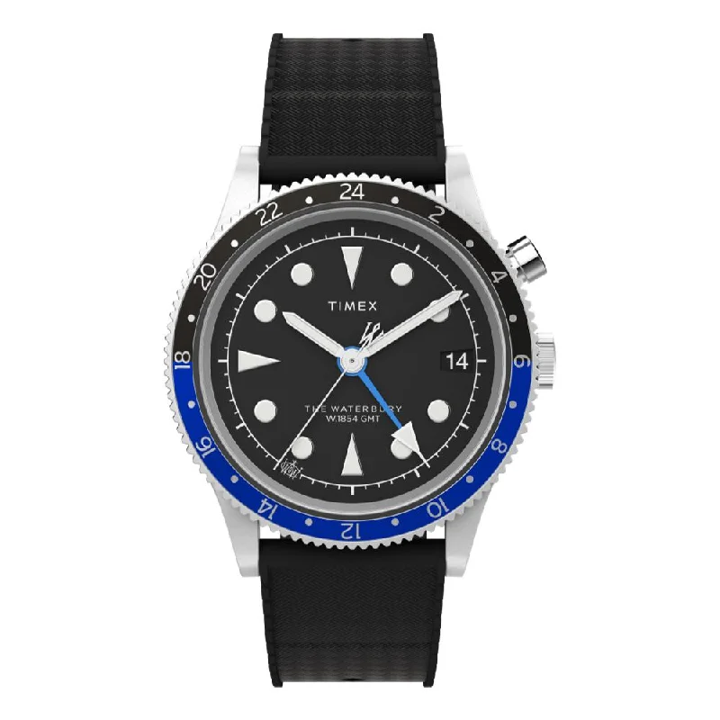 men's field watches with metal style straps -Waterbury Traditional GMT 39mm Black Dial Rubber Strap