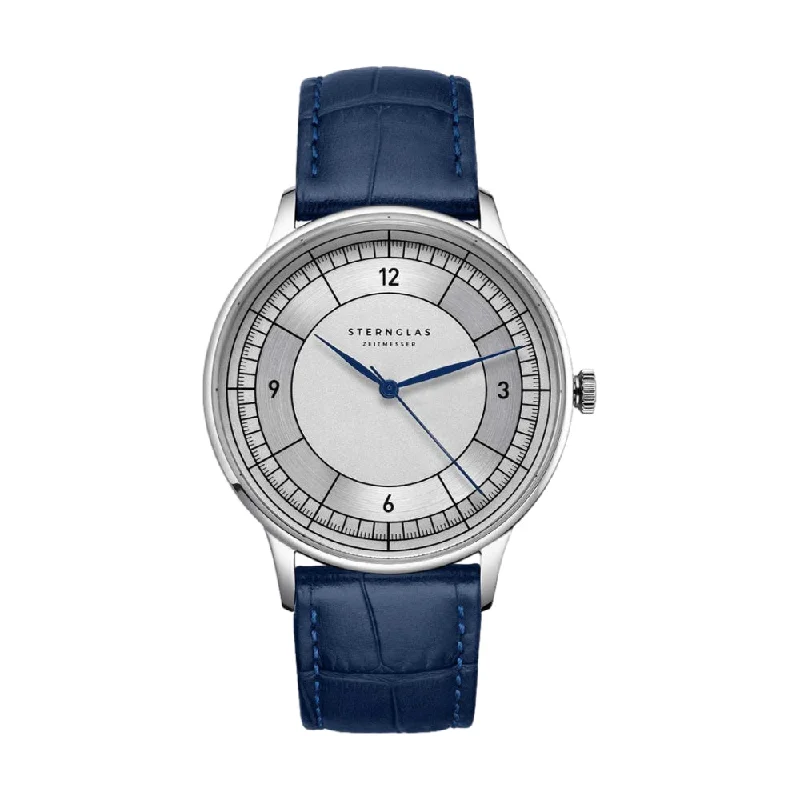 men's GMT watches with Japanese SuperLuminova style design -Sedius Silver Dial 40mm on Heritage Dark Blue Strap