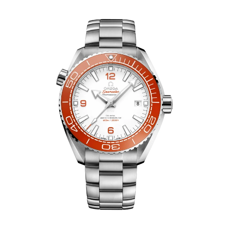men's field watches with logo engraving design -Seamaster Planet Ocean 600M Co-Axial Master Chronometer 43.5mm - White w/ Orange Bezel on Bracelet
