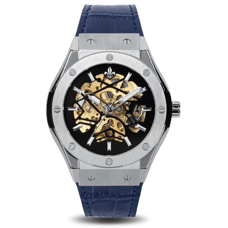 men's mechanical watches with day-night design -Prague Skeleton Automatic Deluxe - Silver + Blue Leather Strap men's mechanical watches with day-night design -Prague Skeleton Automatic Deluxe - Silver + Blue Leather Strap