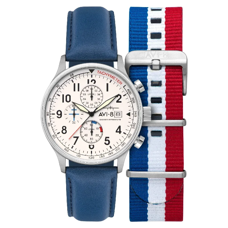 men's pilot watches with double-domed style design -AVI-8 Hawker Hurricane Classic Chronograph Blue White