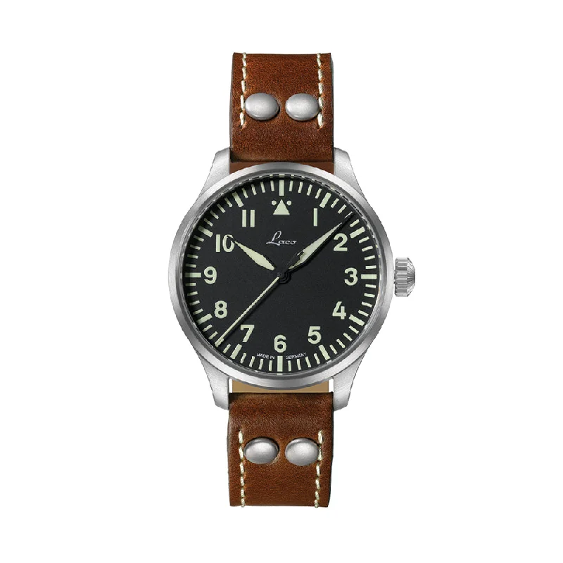 men's field watches for hiking -Pilot Watch Basic Augsburg 39mm - Black on Leather Strap