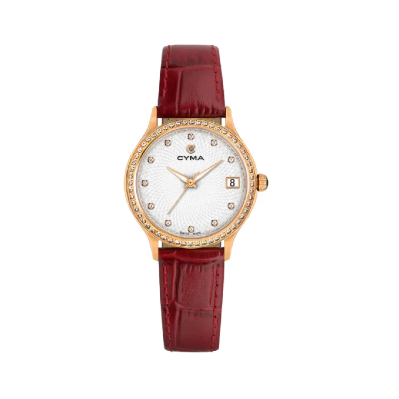 women's mechanical watches with Swiss SuperLuminova display -CYMA W02-00804-003 BELLE QUARTZ RED LEATHER WOMEN WATCH