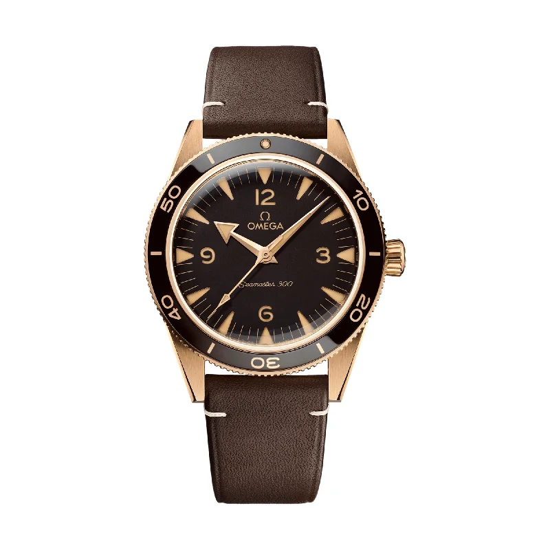 men's digital watches with mechanical display function -Seamaster 300 Co-Axial Master Chronometer Bronze Gold 41mm - Brown on Leather Strap