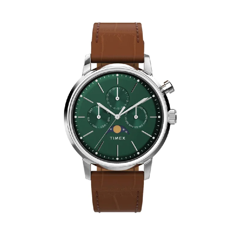 men's GMT watches with magnetic-resistant style design -Marlin Quartz Moon Phase 40mm - Green on Leather Strap men's GMT watches with magnetic-resistant style design -Marlin Quartz Moon Phase 40mm - Green on Leather Strap