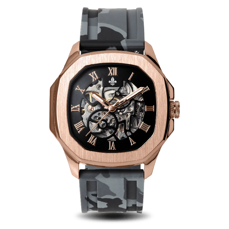 men's mechanical watches for surfing -The Avalon Rose Gold + Grey Camo Strap