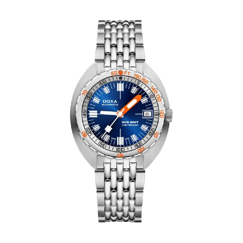 men's pilot watches with metal style straps -Sub 200T Caribbean Sunray Blue Dial on Bracelet, 39mm