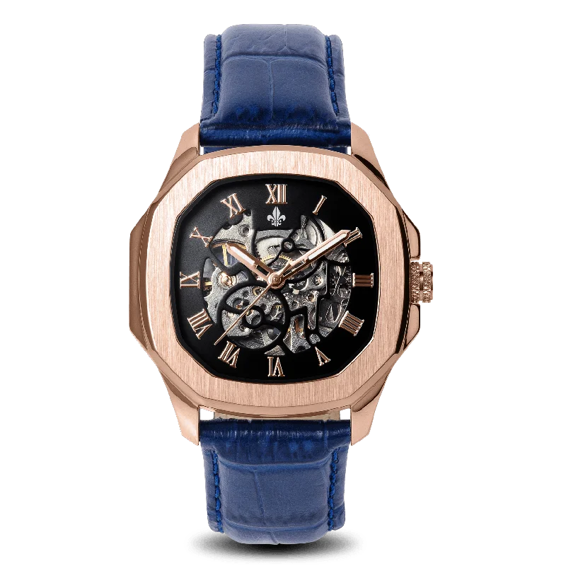 men's mechanical watches for water sports -The Avalon Rose Gold + Blue Leather Croc Pattern Strap men's mechanical watches for water sports -The Avalon Rose Gold + Blue Leather Croc Pattern Strap
