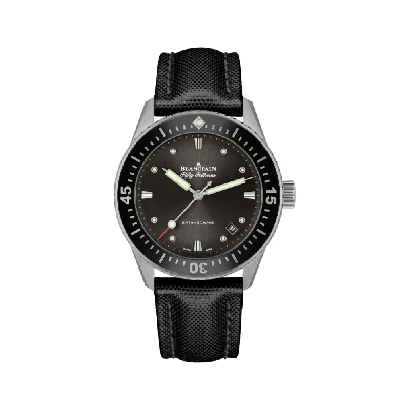 men's digital watches with leap year style design -Fifty Fathoms Bathyscaphe SS 38mm - Black Bezel w/ Grey Dial on Sail-canvas Strap men's digital watches with leap year style design -Fifty Fathoms Bathyscaphe SS 38mm - Black Bezel w/ Grey Dial on Sail-canvas Strap