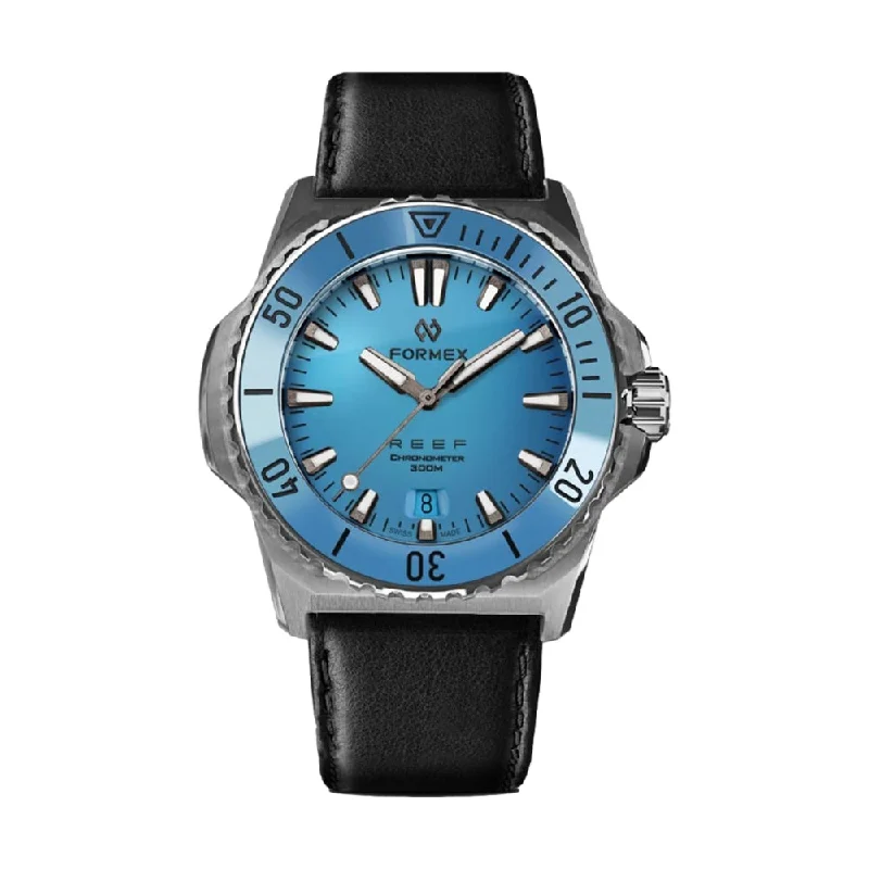with-cufflinks sets-Baby REEF Automatic Chronometer COSC 300M Bahama 39.5 mm - Blue on Leather Strap