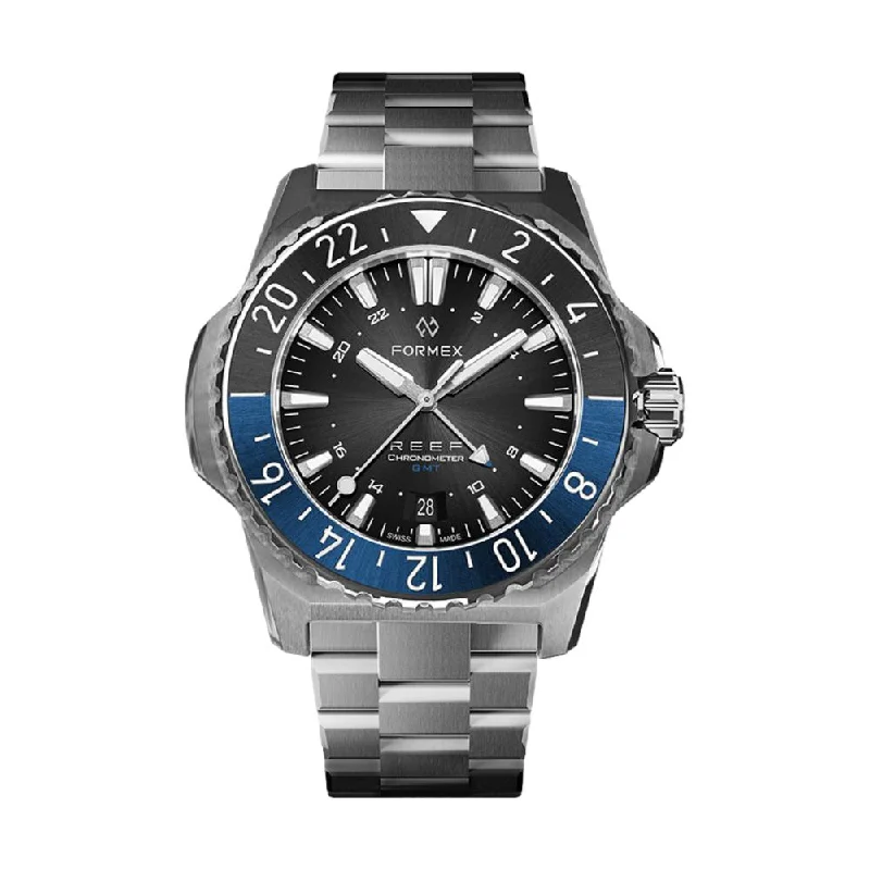 men's pilot watches with cyclops style design -REEF GMT Black Dial Blue & Black Bezel men's pilot watches with cyclops style design -REEF GMT Black Dial Blue & Black Bezel