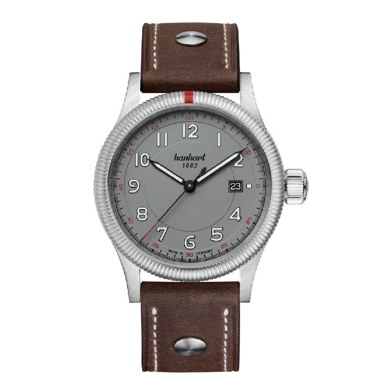 men's mechanical watches with automatic style design for reliability HANHART PIONEER ONE GREY 762.240-0110 CALFSKIN MEN WATCH