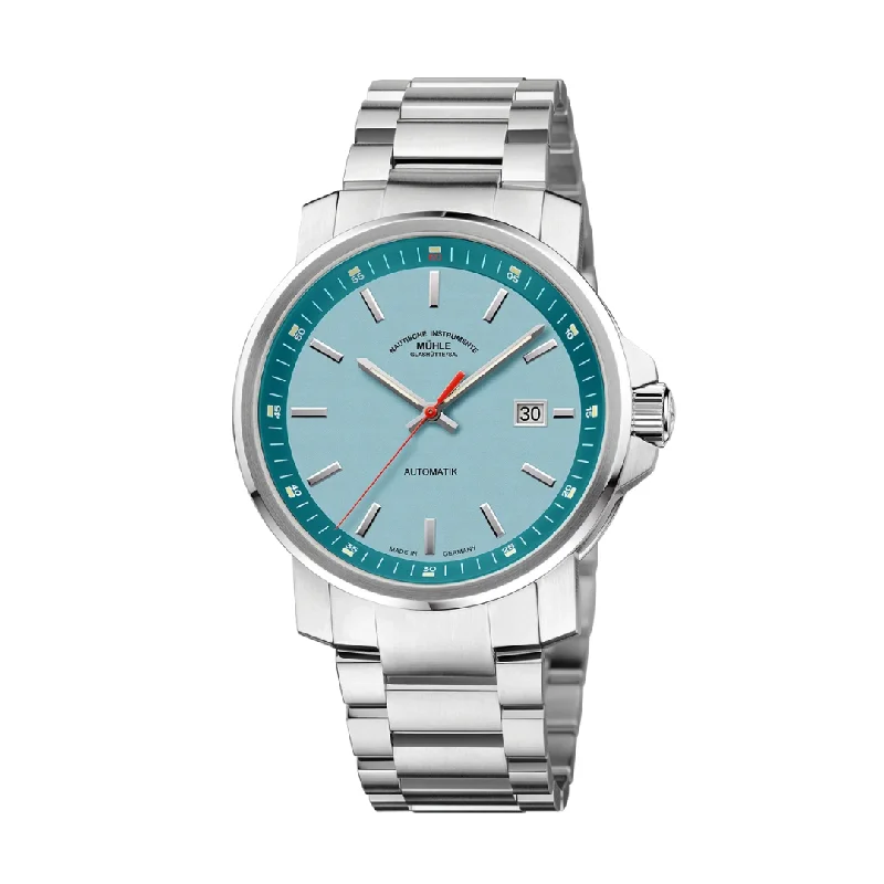 men's mechanical watches with luminescent display -MÜHLE-GLASHÜTTE 29ER BIG M1-25-39-MB AUTOMATIC METAL STRAP MEN WATCH