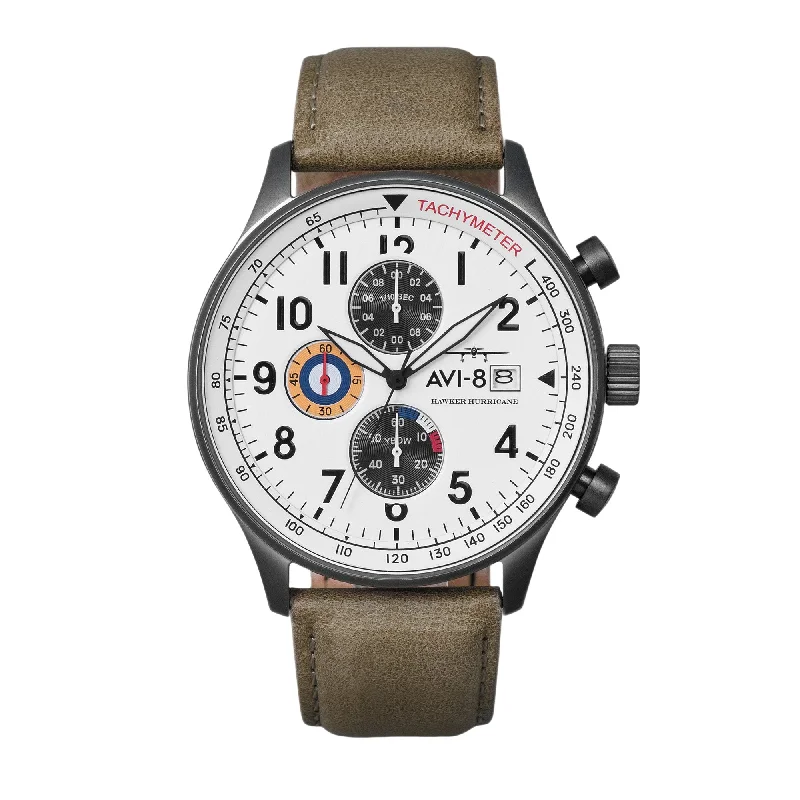 men's pilot watches with dual time zone style design -AVI-8 Hawker Hurricane Classic Chronograph Ivory Grayscale