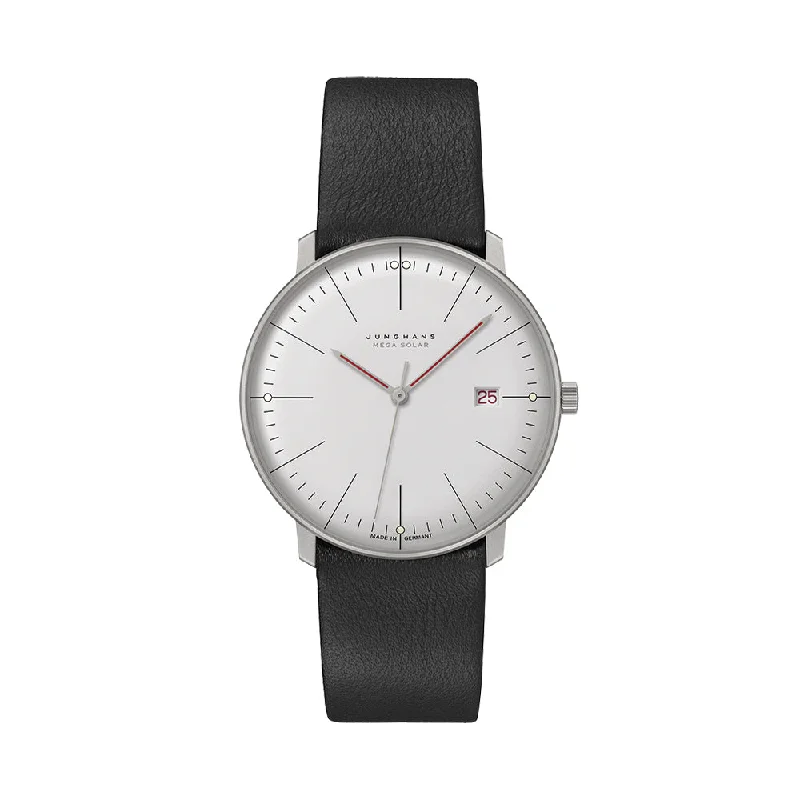 men's deep sea dive watches -Max Bill MEGA Solar Bauhaus 38mm - Silver on Leather Strap
