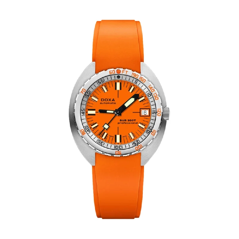 men's pilot watches for boating -Sub 200T Professional Orange Dial on Rubber Strap, 39mm