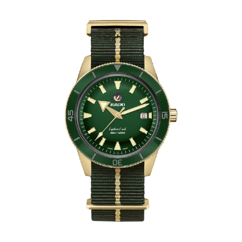 men's chronograph watches with vibration alert design -Captain Cook Automatic Bronze 42mm Green Dial on Fabric Strap