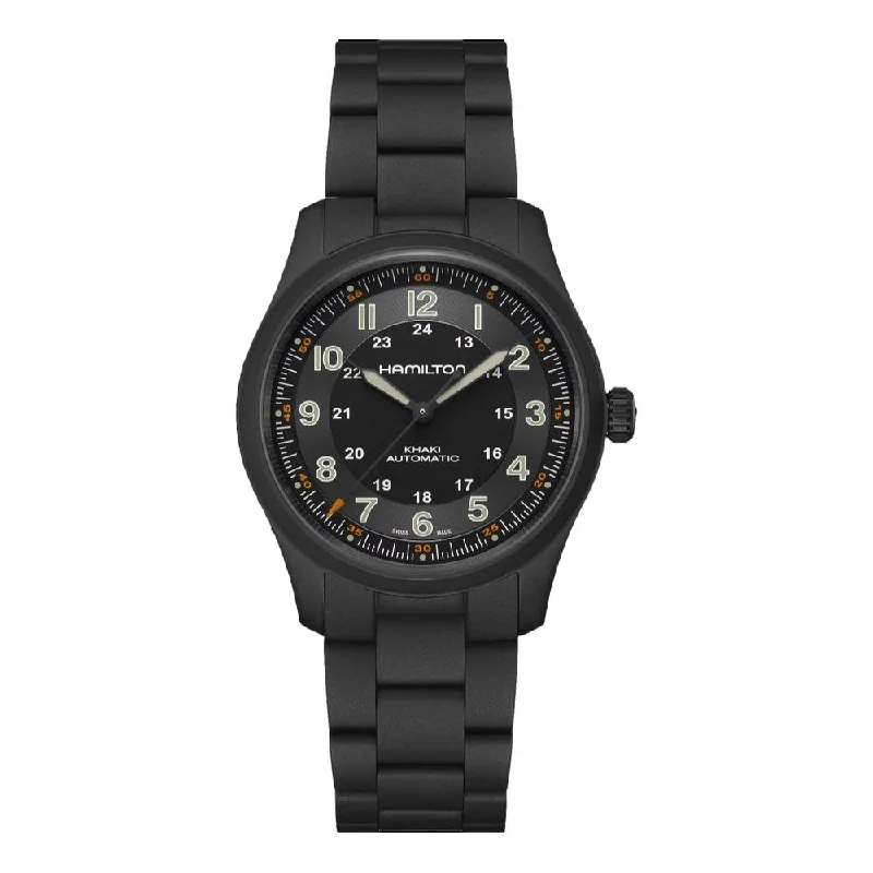 men's GMT watches with monogram engraving design -Khaki Field Titanium Auto Black Dial 38mm