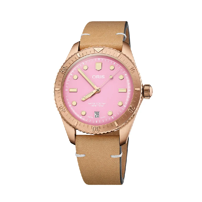 summer-linen-suit watches-Divers Sixty‑Five Cotton Candy Automatic 38mm - Pink on Leather Strap