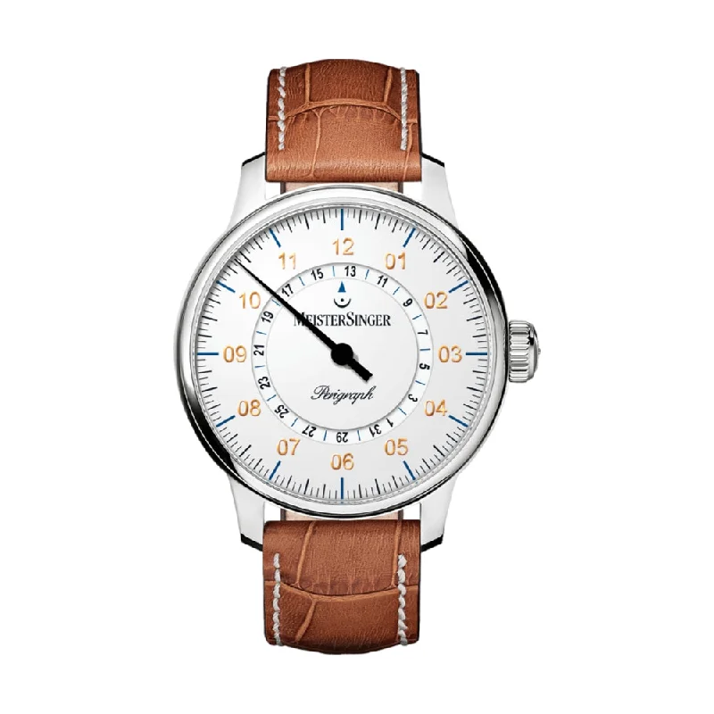 men's field watches with stopwatch style design -Perigraph White Dial 43mm on Cognac Croco Print Leather Strap w/ White Stitching men's field watches with stopwatch style design -Perigraph White Dial 43mm on Cognac Croco Print Leather Strap w/ White Stitching