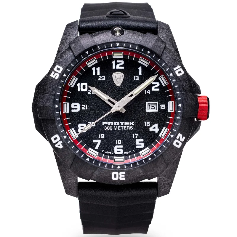 men's field watches with rugged style design -ProTek Carbon Dive 1000 Series Tritium Black Red men's field watches with rugged style design -ProTek Carbon Dive 1000 Series Tritium Black Red