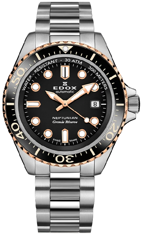 men's mechanical watches with tide display -Edox Neptunian Grande Reserve Black