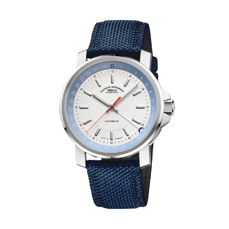 men's mechanical watches with alarm display -MÜHLE-GLASHÜTTE 29ER POINTER DATE M1-25-32-CB AUTOMATIC NAUTIC BLUE CANVAS STRAP MEN WATCH