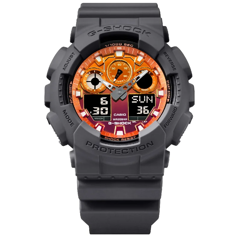 men's skeletonized watch with automatic movement -G-Shock GA100 Flame Inside Ana-Digi Gray Orange