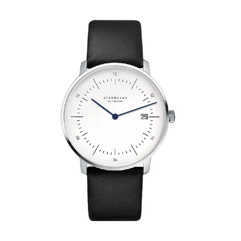men's GMT watches with monogram engraving style design -Naos White Dial Black Leather Strap men's GMT watches with monogram engraving style design -Naos White Dial Black Leather Strap