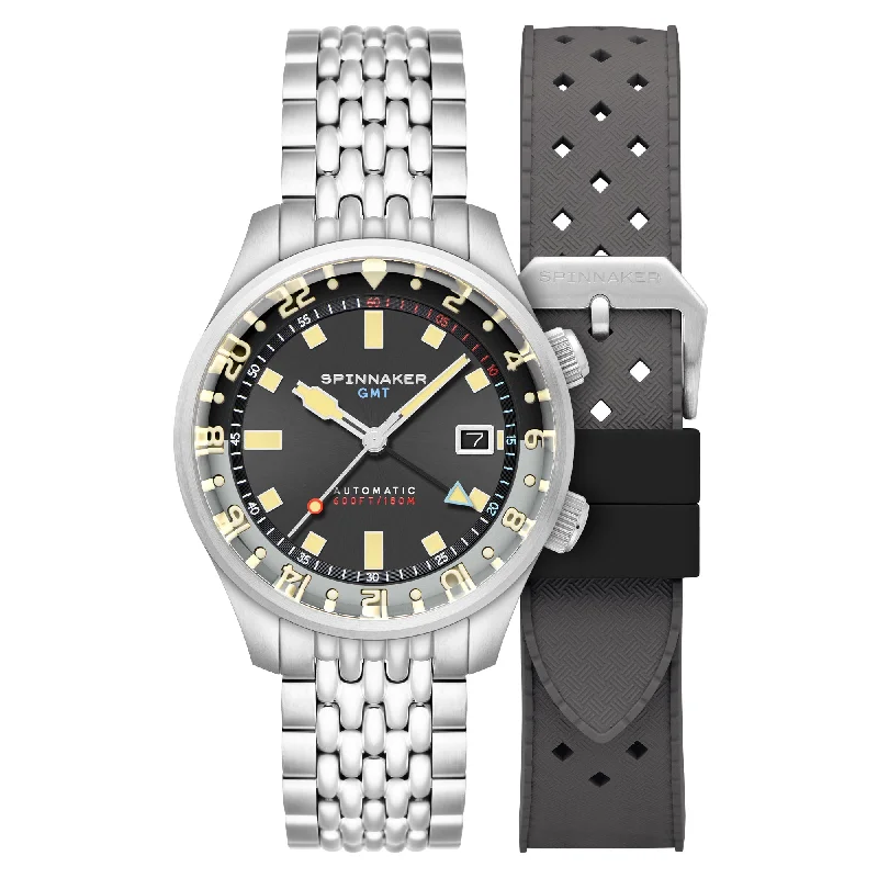 men's pilot watches with kinetic style design -Spinnaker Bradner GMT Automatic Uniform Gray