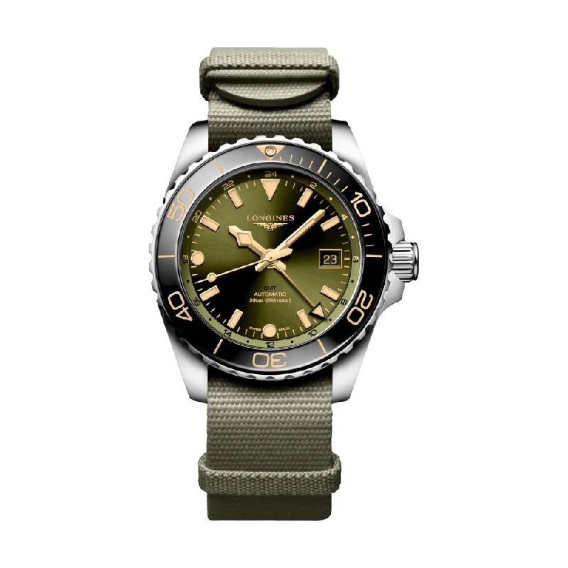 men's GMT watches with BGW9 SuperLuminova design -HydroConquest GMT Green Dial 41mm on Fabric One Piece Strap