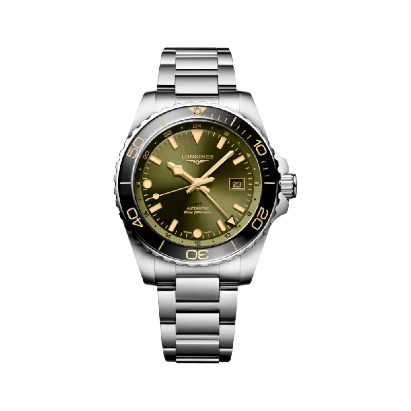 men's GMT watches with vintage style design -HydroConquest GMT Green Dial 43mm on Bracelet men's GMT watches with vintage style design -HydroConquest GMT Green Dial 43mm on Bracelet