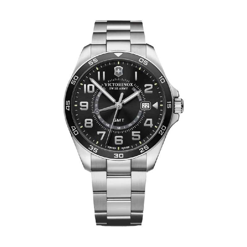 men's pilot watches with date magnifier design -FieldForce GMT, Black Dial, Bracelet