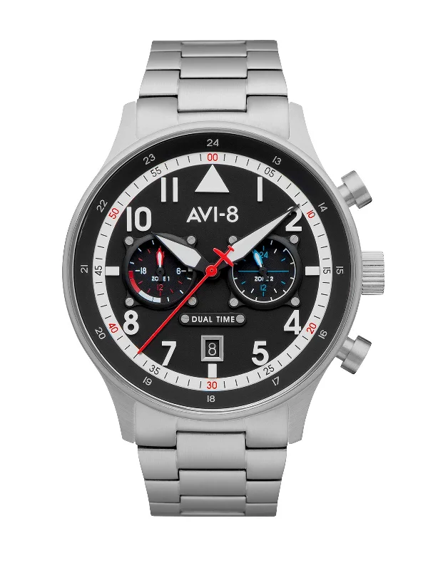 men's pilot watches with leap year style design -AVI-8 Hawker Hurricane Carey Dual Time Rangoon