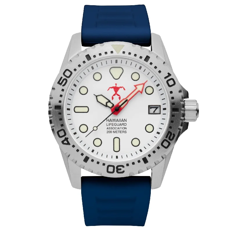 popular men's skeletonized watches -Hawaiian Lifeguard Association Silver White Blue