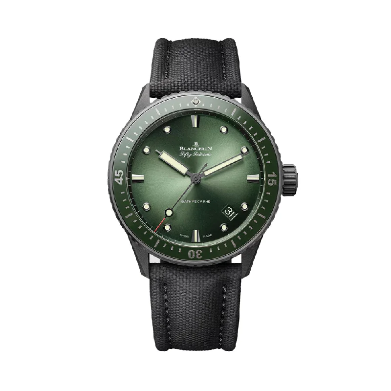 men's digital watches for beginners -Fifty Fathoms Bathyscaphe Ceramic 43.6mm - Green Bezel w/ Green Dial on Sail-canvas Strap men's digital watches for beginners -Fifty Fathoms Bathyscaphe Ceramic 43.6mm - Green Bezel w/ Green Dial on Sail-canvas Strap