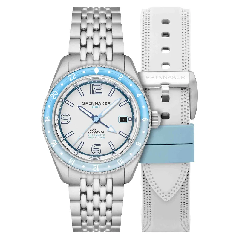 men's pilot watches with alarm design -Spinnaker Fleuss GMT Automatic Moon White