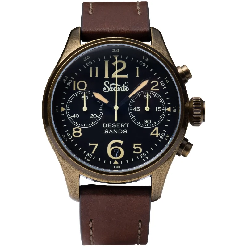 men's pilot watches with flat style design -Szanto Desert Sands Antique Gold Black Brown
