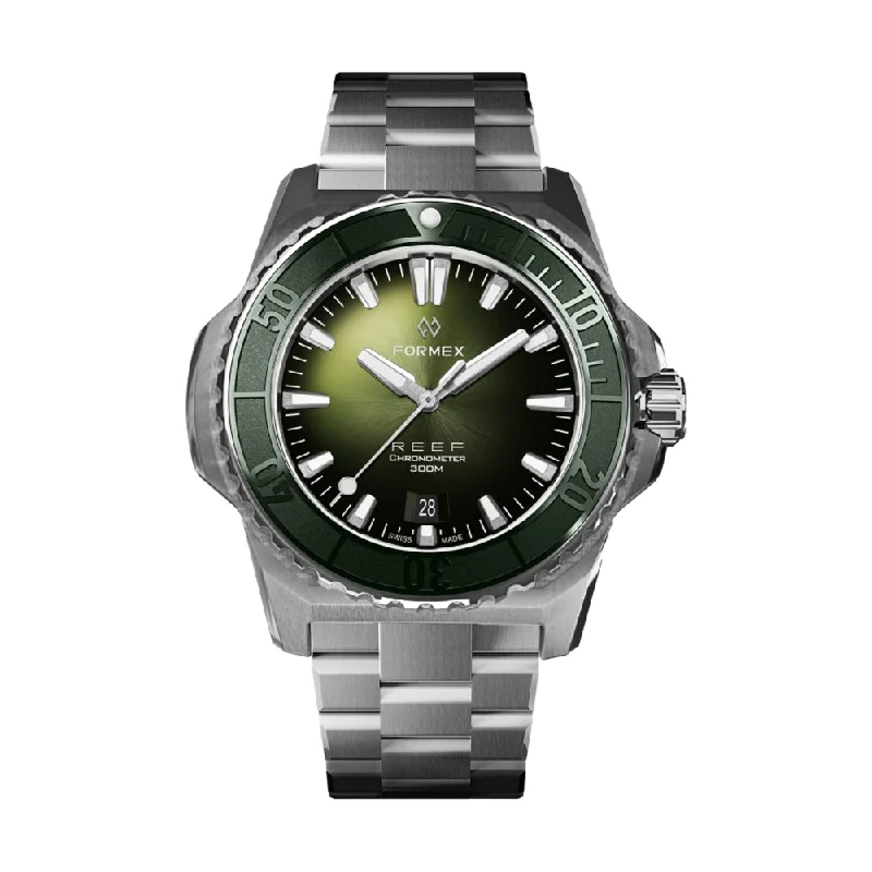 men's dive watches with concave style -REEF Automatic Chronometer COSC 300M Green Bezel
