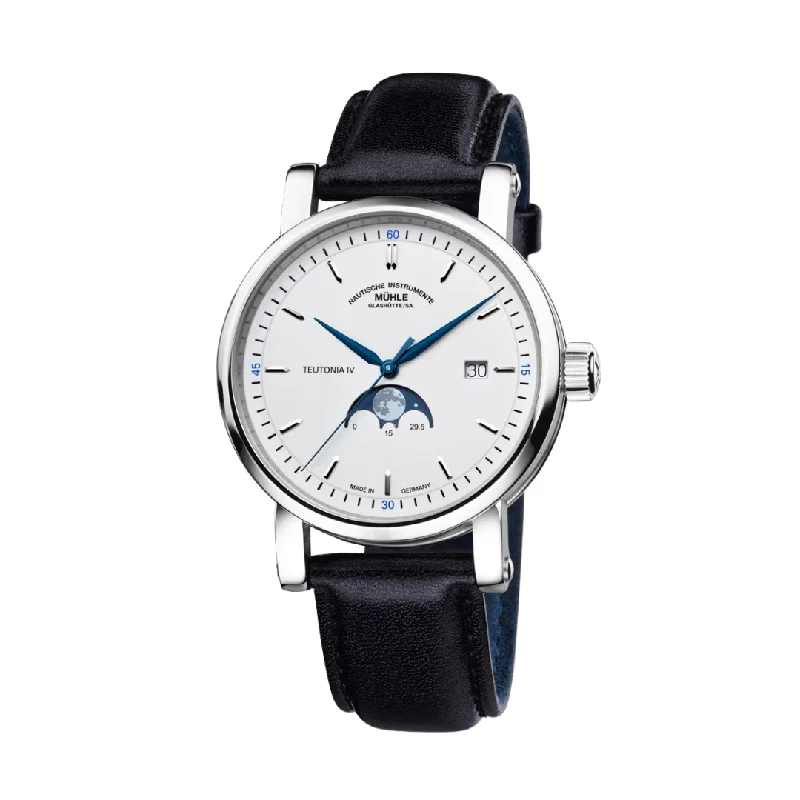 men's mechanical watches with self-winding display -MÜHLE-GLASHÜTTE TEUTONIA IV MOONPHASE M1-44-05-LB AUTOMATIC BLACK LEATHER STRAP MEN WATCH