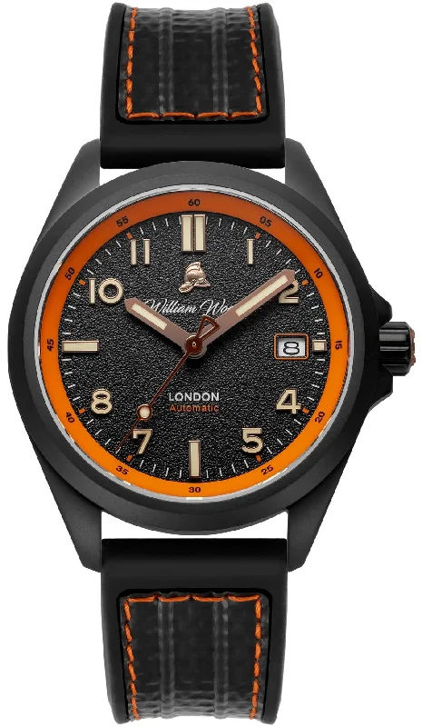men's mechanical watches with luminescent display -William Wood Fearless Orange Black Fire Hose