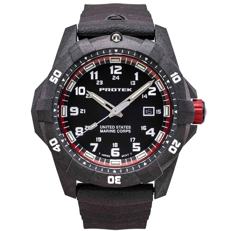 men's skeletonized watches with metal case -ProTek Carbon USMC Series Dive Black Red men's skeletonized watches with metal case -ProTek Carbon USMC Series Dive Black Red