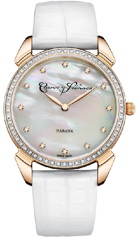 women's mechanical watches with backlight display function -Cuervo y Sobrinos Watch Historiador Primera Dama Gold PVD Diamond White