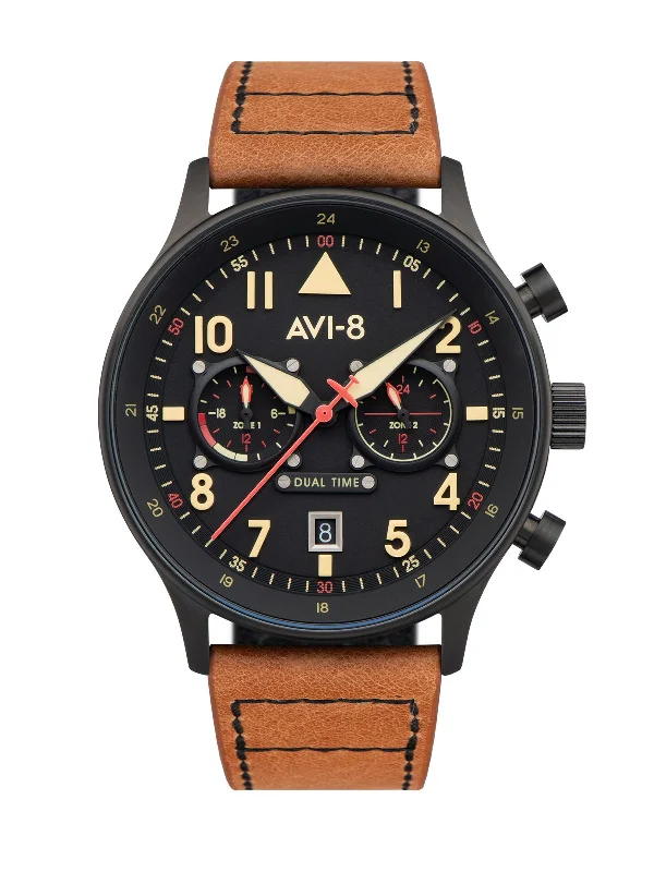 men's pilot watches with hand-wound style design -AVI-8 Hawker Hurricane Carey Dual Time Debden