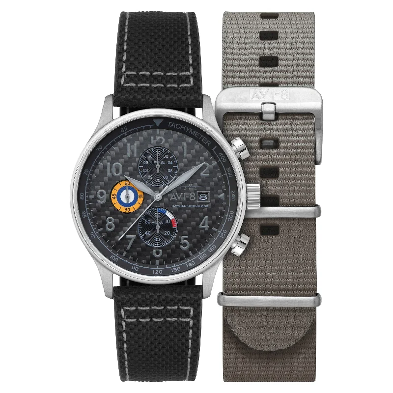 men's pilot watches with solar style design -AVI-8 Hawker Hurricane Classic Chronograph Carbon Fiber Black