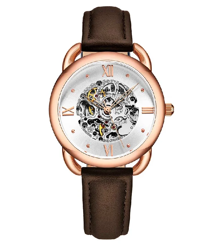 Silver Dial / Rose Case / Dark Brown Leather Strap Rose Gold Layered Tang Buckle